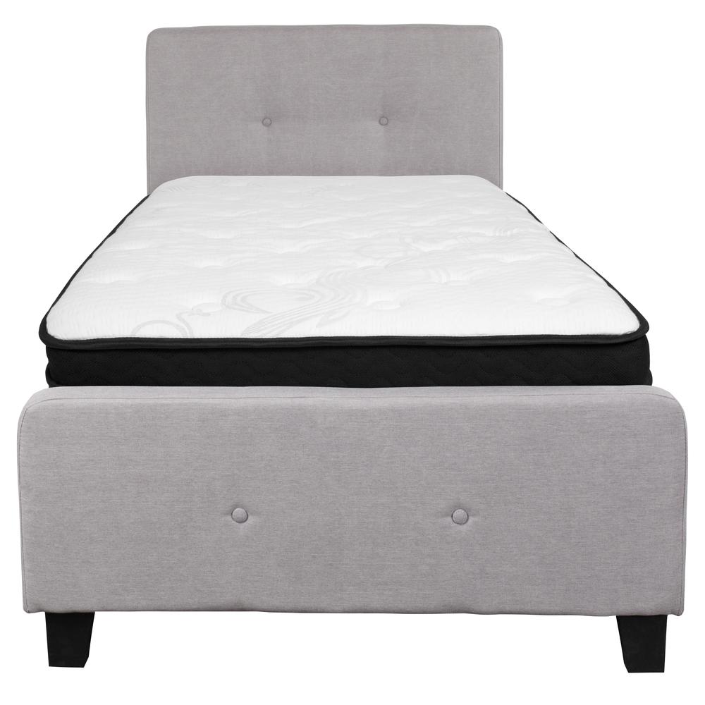 Twin Size Two Button Tufted Upholstered Platform Bed in Light Gray Fabric with Mattress. Picture 3