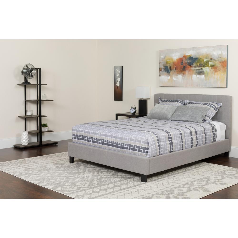 Twin Size Platform Bed in Light Gray Fabric with Memory Foam Mattress. Picture 1
