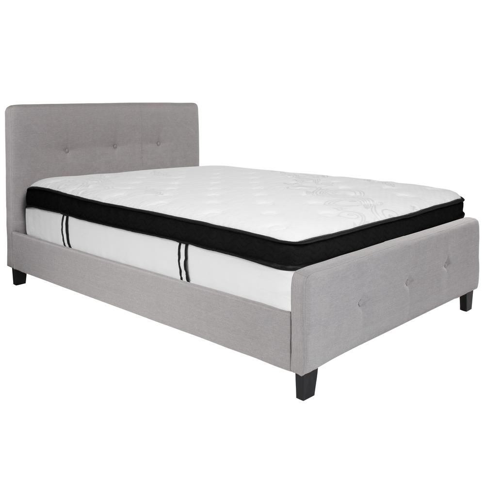 Full Size Three Button Tufted Upholstered Platform Bed in Light Gray Fabric with Mattress. Picture 1