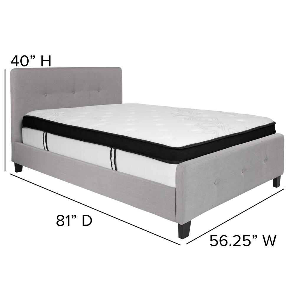 Full Size Three Button Tufted Upholstered Platform Bed in Light Gray Fabric with Mattress. Picture 2