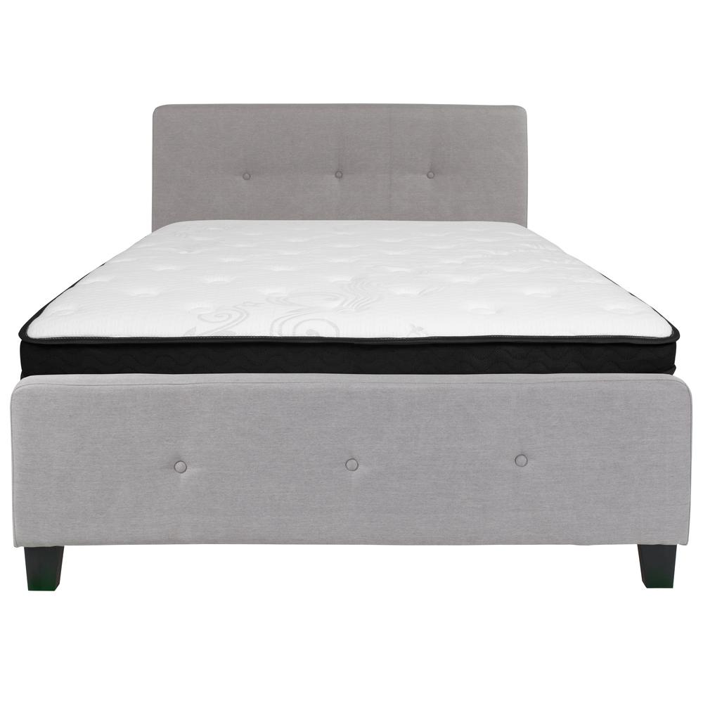 Full Size Three Button Tufted Upholstered Platform Bed in Light Gray Fabric with Mattress. Picture 3