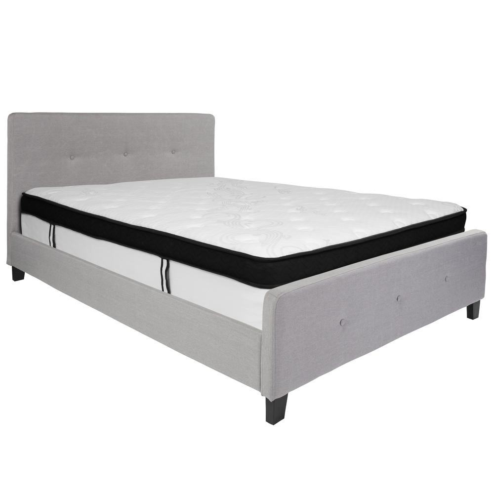 Queen Size Platform Bed in Light Gray Fabric with Memory Foam Mattress. Picture 2