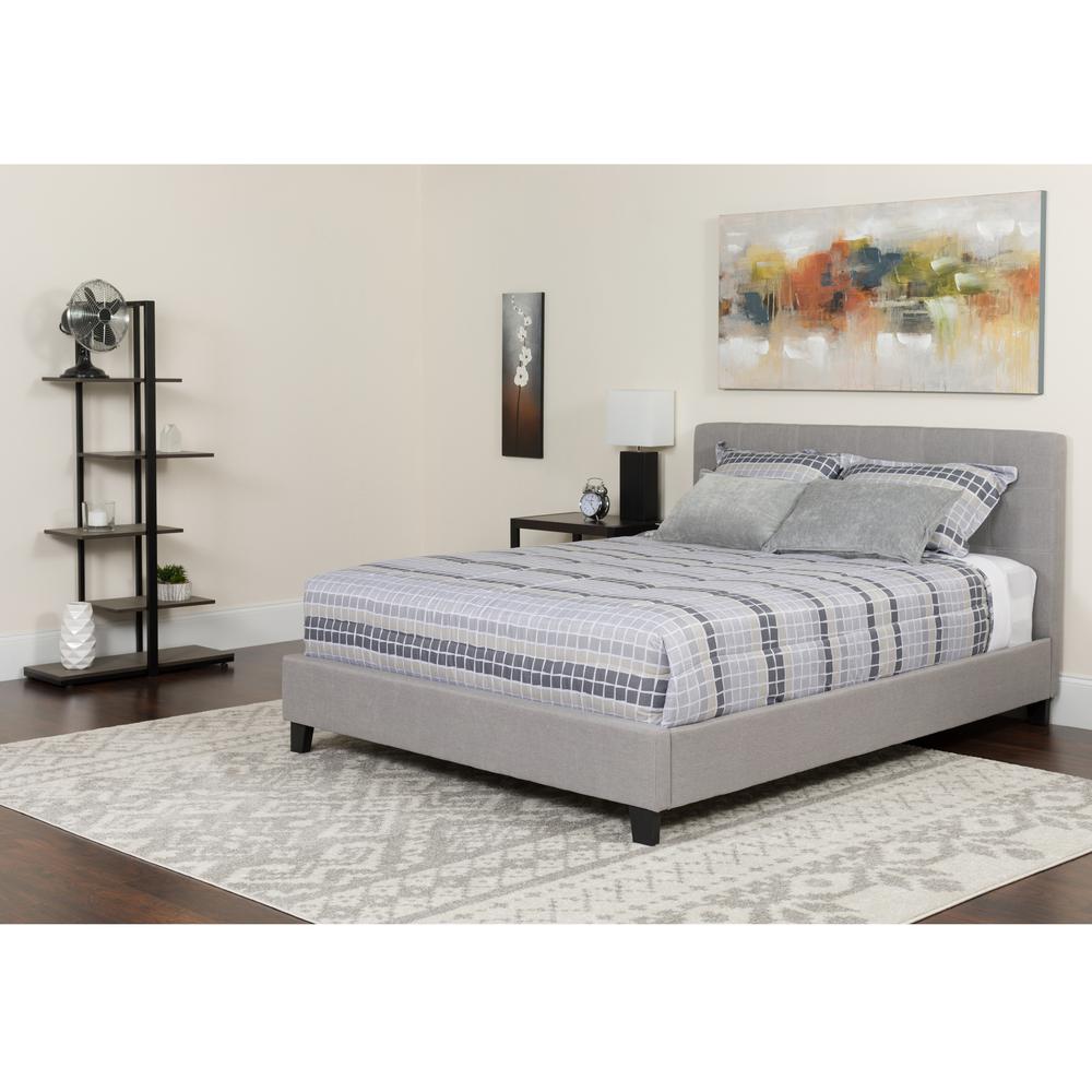 Queen Size Platform Bed in Light Gray Fabric with Memory Foam Mattress. Picture 1