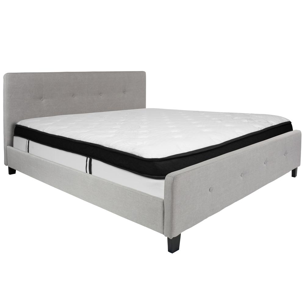 King Size Four Button Tufted Upholstered Platform Bed in Light Gray Fabric with Mattress. Picture 1