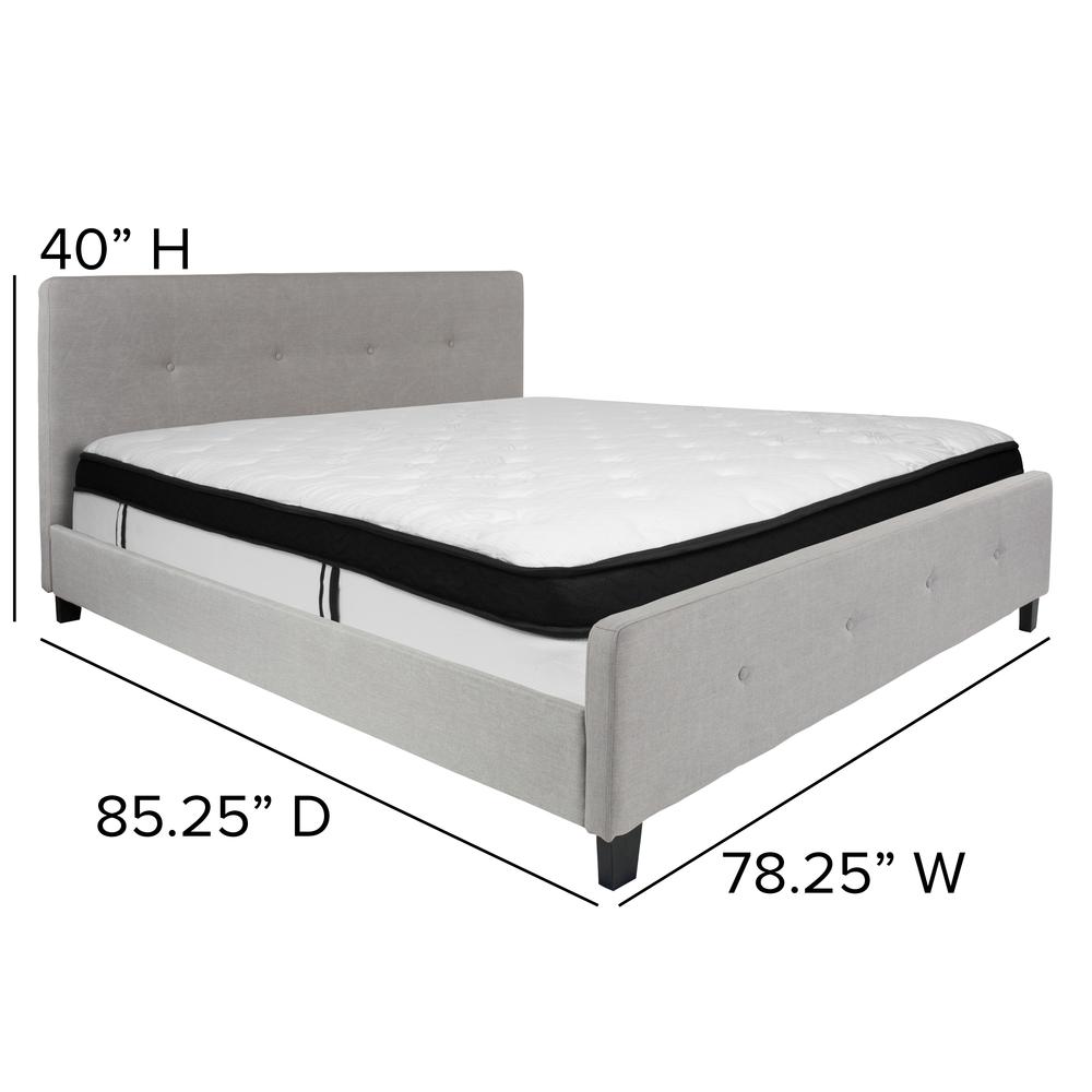 King Size Four Button Tufted Upholstered Platform Bed in Light Gray Fabric with Mattress. Picture 2