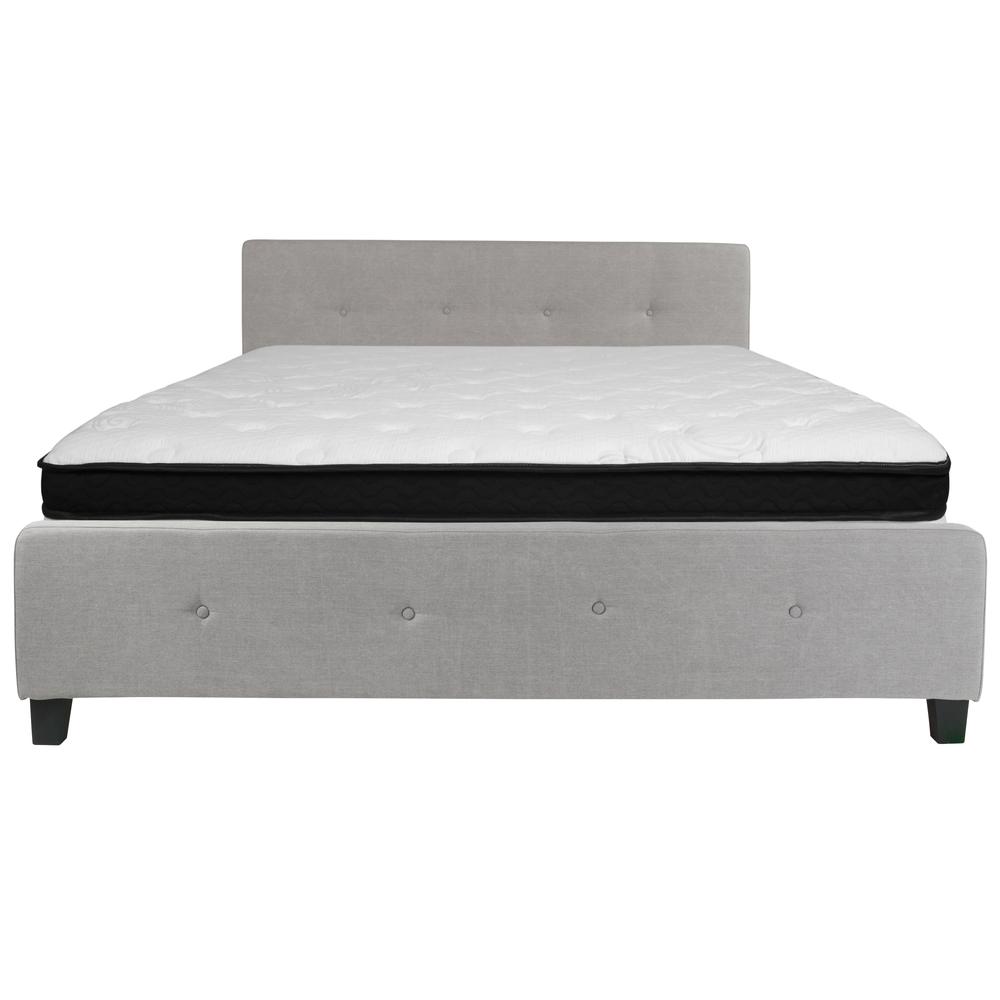 King Size Four Button Tufted Upholstered Platform Bed in Light Gray Fabric with Mattress. Picture 3