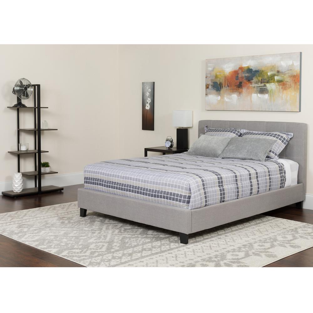 King Size Platform Bed in Light Gray Fabric with Memory Foam Mattress. Picture 1