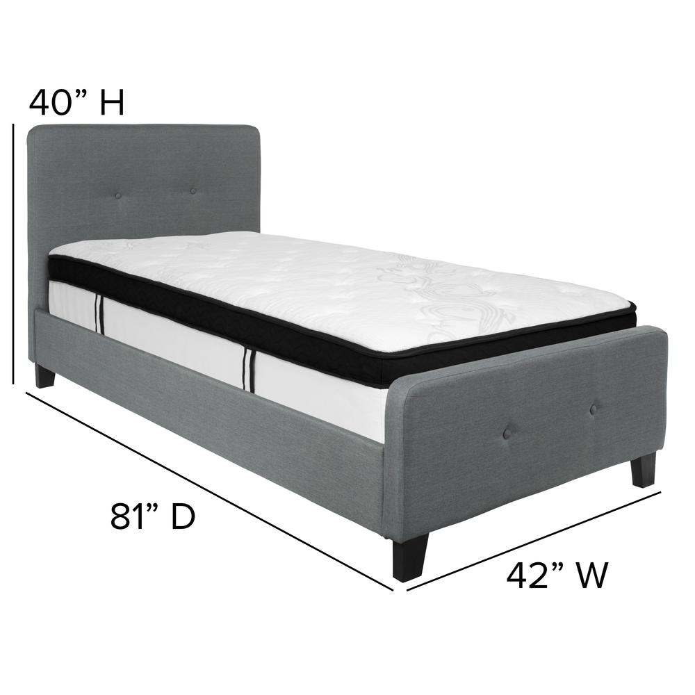 Twin Size Two Button Tufted Upholstered Platform Bed in Dark Gray Fabric with Mattress. Picture 2