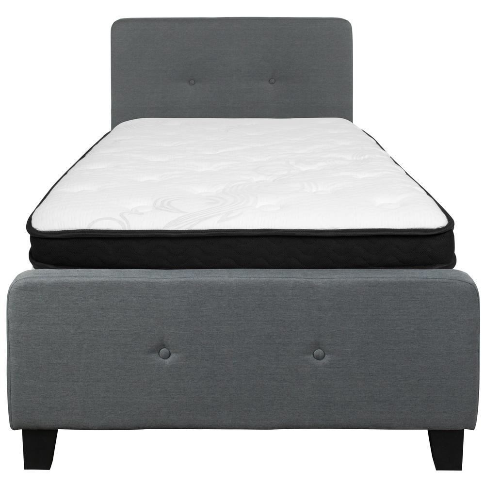 Twin Size Two Button Tufted Upholstered Platform Bed in Dark Gray Fabric with Mattress. Picture 3
