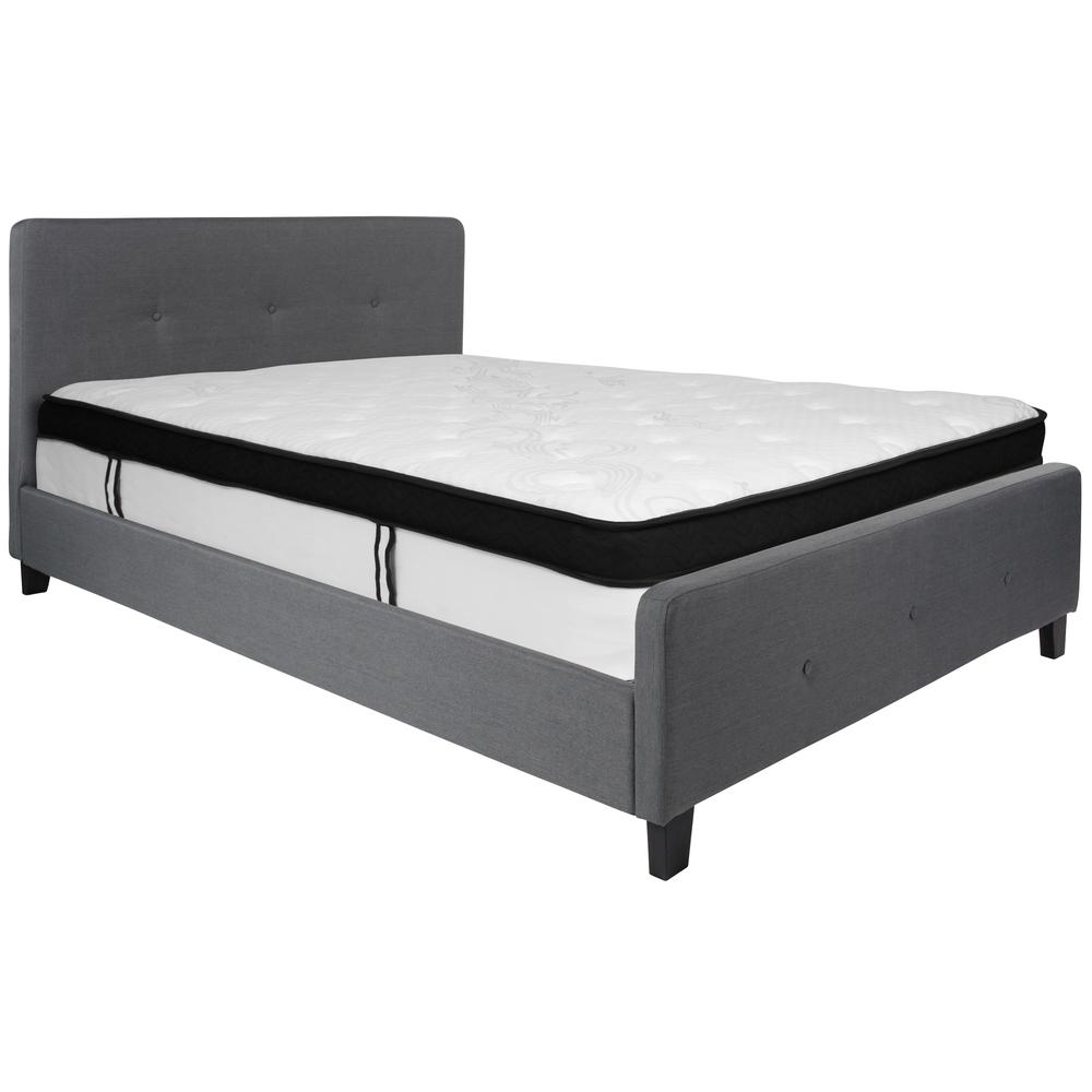 Queen Size Three Button Tufted Upholstered Platform Bed in Dark Gray Fabric with Mattress. Picture 1
