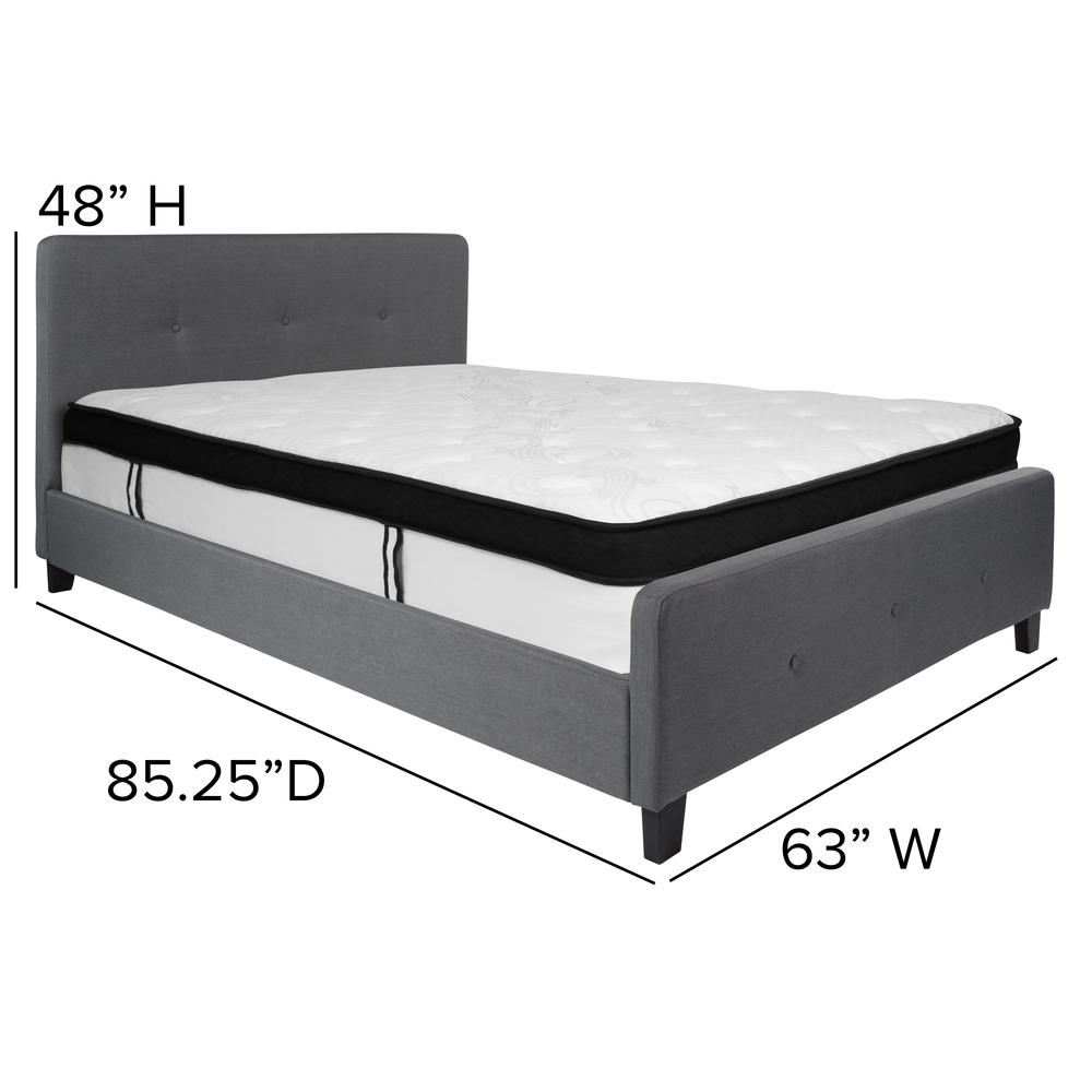Queen Size Three Button Tufted Upholstered Platform Bed in Dark Gray Fabric with Mattress. Picture 2