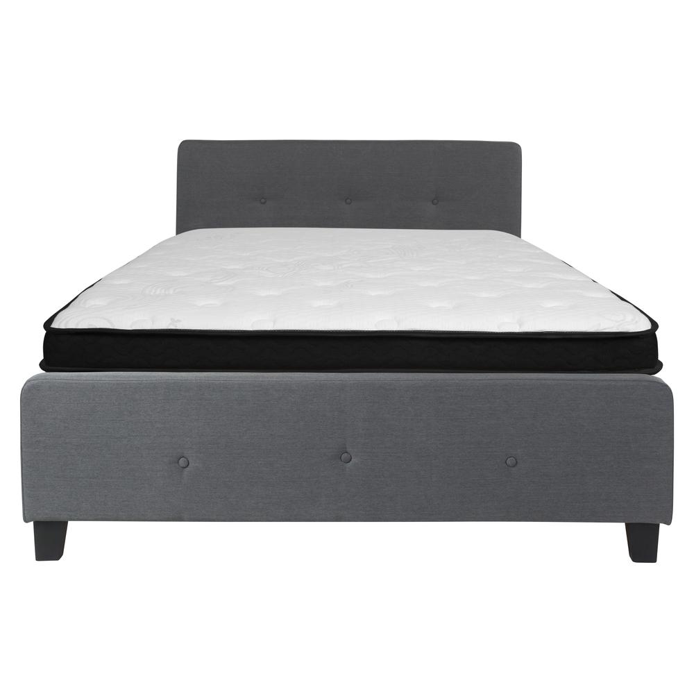 Queen Size Three Button Tufted Upholstered Platform Bed in Dark Gray Fabric with Mattress. Picture 3