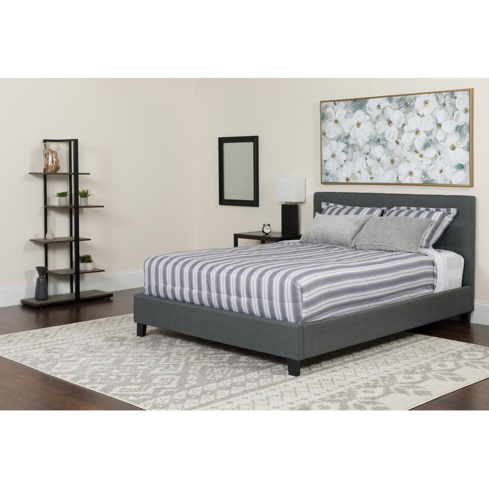 Queen Size Three Button Tufted Upholstered Platform Bed in Dark Gray Fabric with Mattress. Picture 4