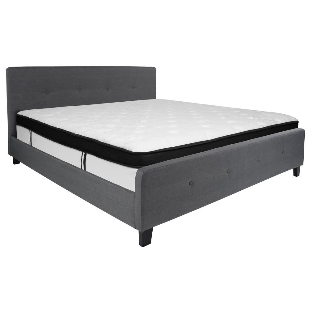King Size Four Button Tufted Upholstered Platform Bed in Dark Gray Fabric with Mattress. Picture 1