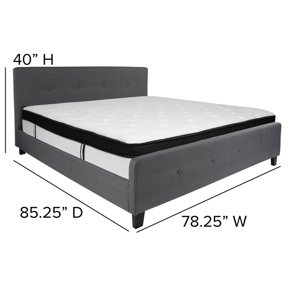 King Size Four Button Tufted Upholstered Platform Bed in Dark Gray Fabric with Mattress. Picture 2