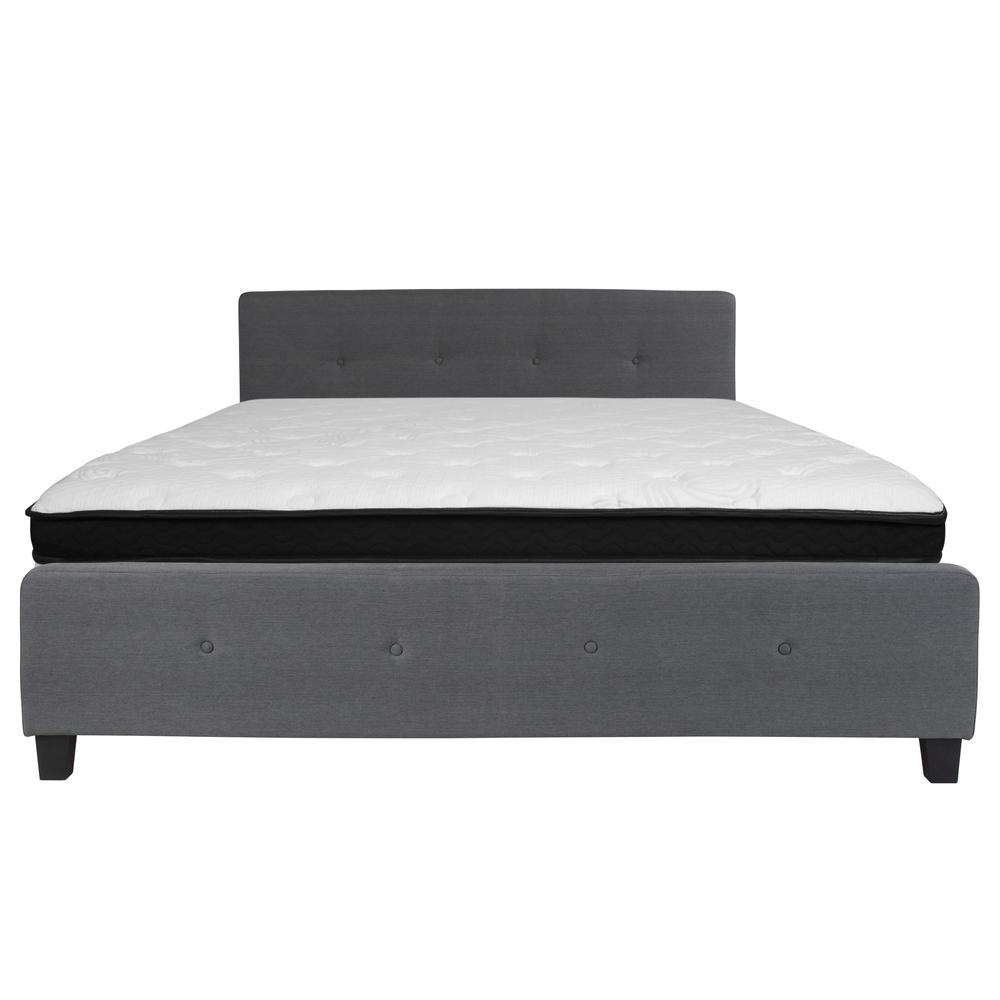 King Size Four Button Tufted Upholstered Platform Bed in Dark Gray Fabric with Mattress. Picture 3