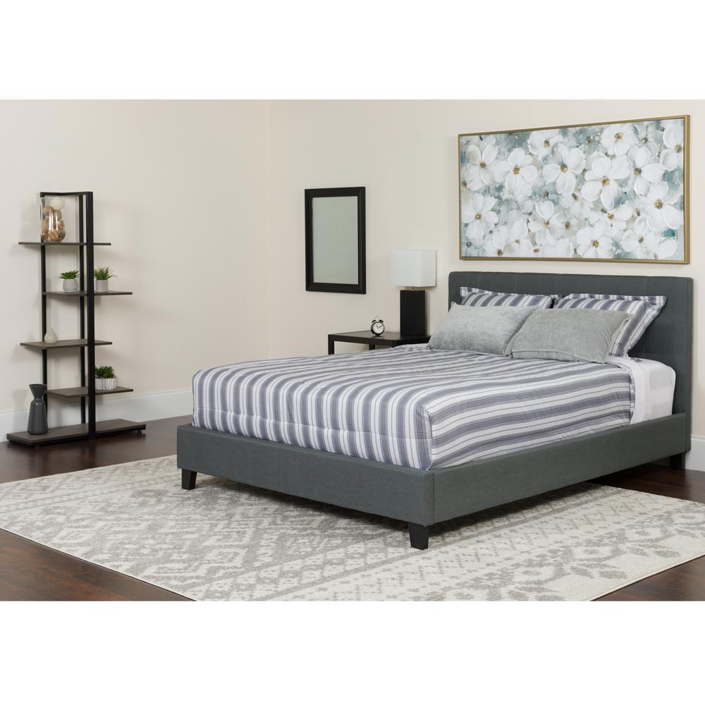 King Size Four Button Tufted Upholstered Platform Bed in Dark Gray Fabric with Mattress. Picture 4