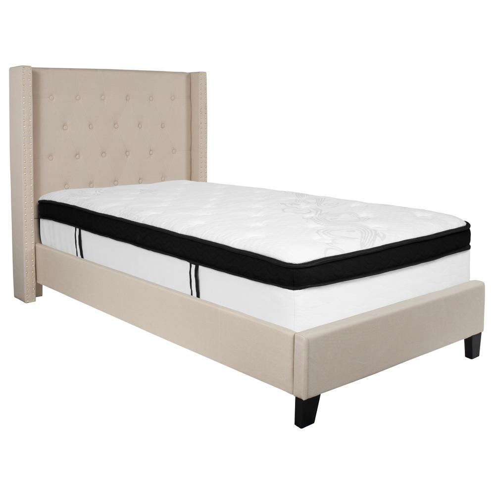 Twin Size Tufted Upholstered Platform Bed with Accent Nail Trimmed Extended Sides in Beige Fabric with Mattress. Picture 1