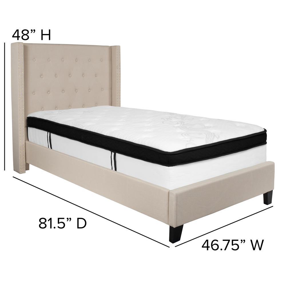 Twin Size Tufted Upholstered Platform Bed with Accent Nail Trimmed Extended Sides in Beige Fabric with Mattress. Picture 2