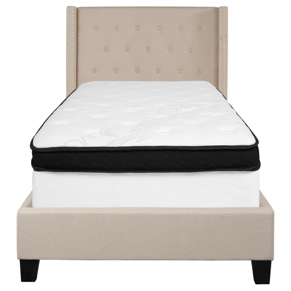 Twin Size Tufted Upholstered Platform Bed with Accent Nail Trimmed Extended Sides in Beige Fabric with Mattress. Picture 3