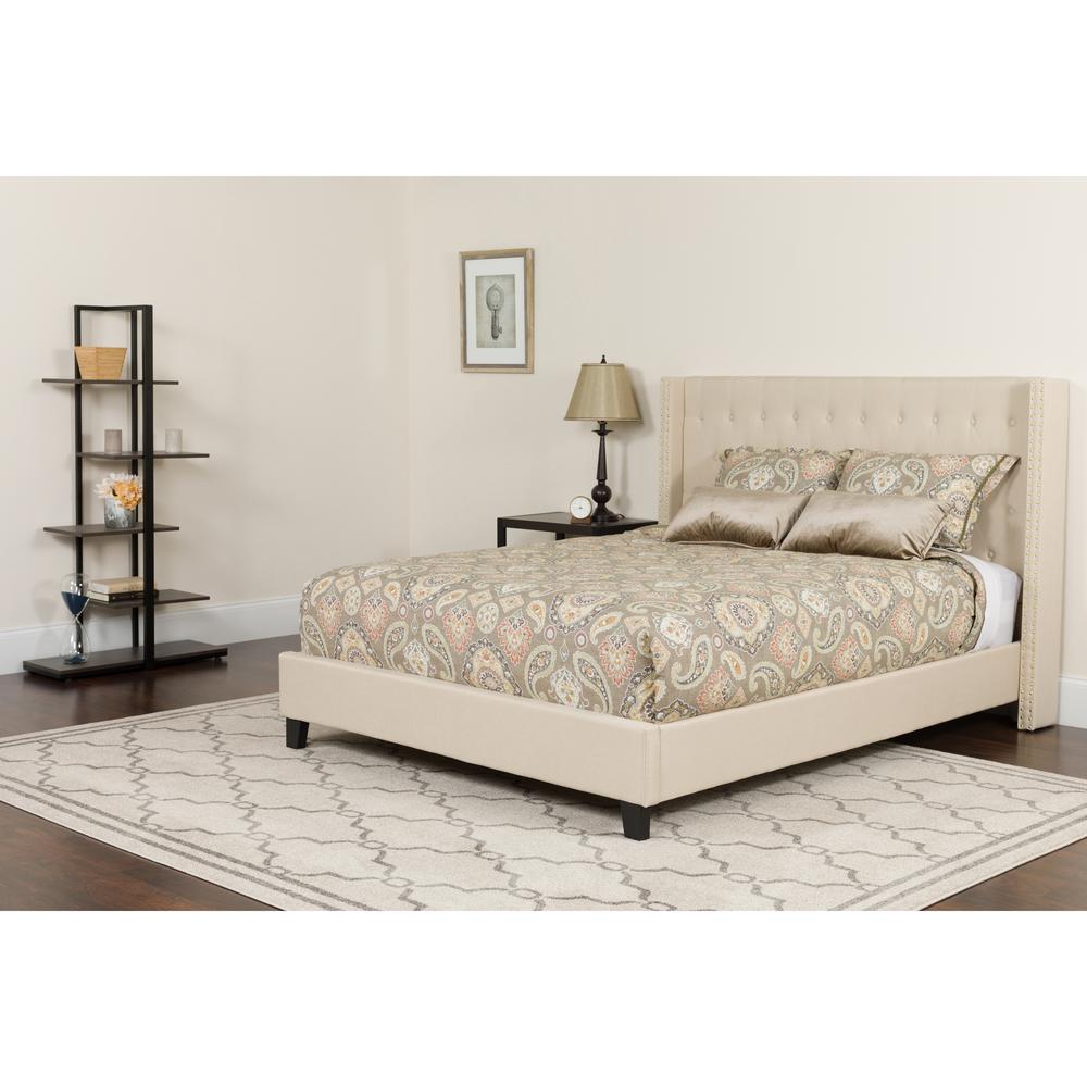 Twin Size Platform Bed in Beige Fabric with Memory Foam Mattress. Picture 1