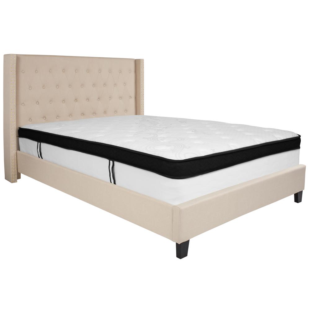Queen Size Tufted Upholstered Platform Bed with Accent Nail Trimmed Extended Sides in Beige Fabric with Mattress. Picture 1