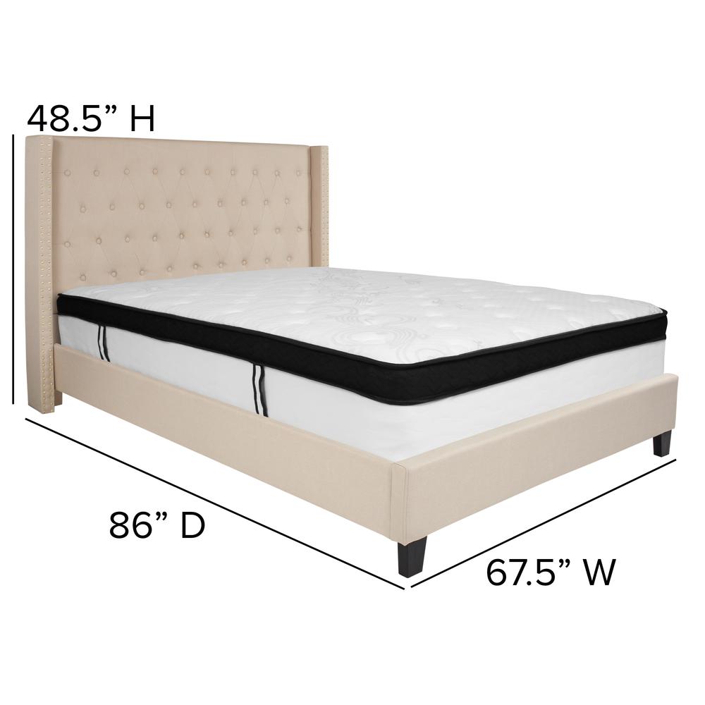 Queen Size Tufted Upholstered Platform Bed with Accent Nail Trimmed Extended Sides in Beige Fabric with Mattress. Picture 2