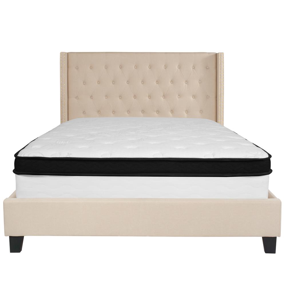 Queen Size Tufted Upholstered Platform Bed with Accent Nail Trimmed Extended Sides in Beige Fabric with Mattress. Picture 3