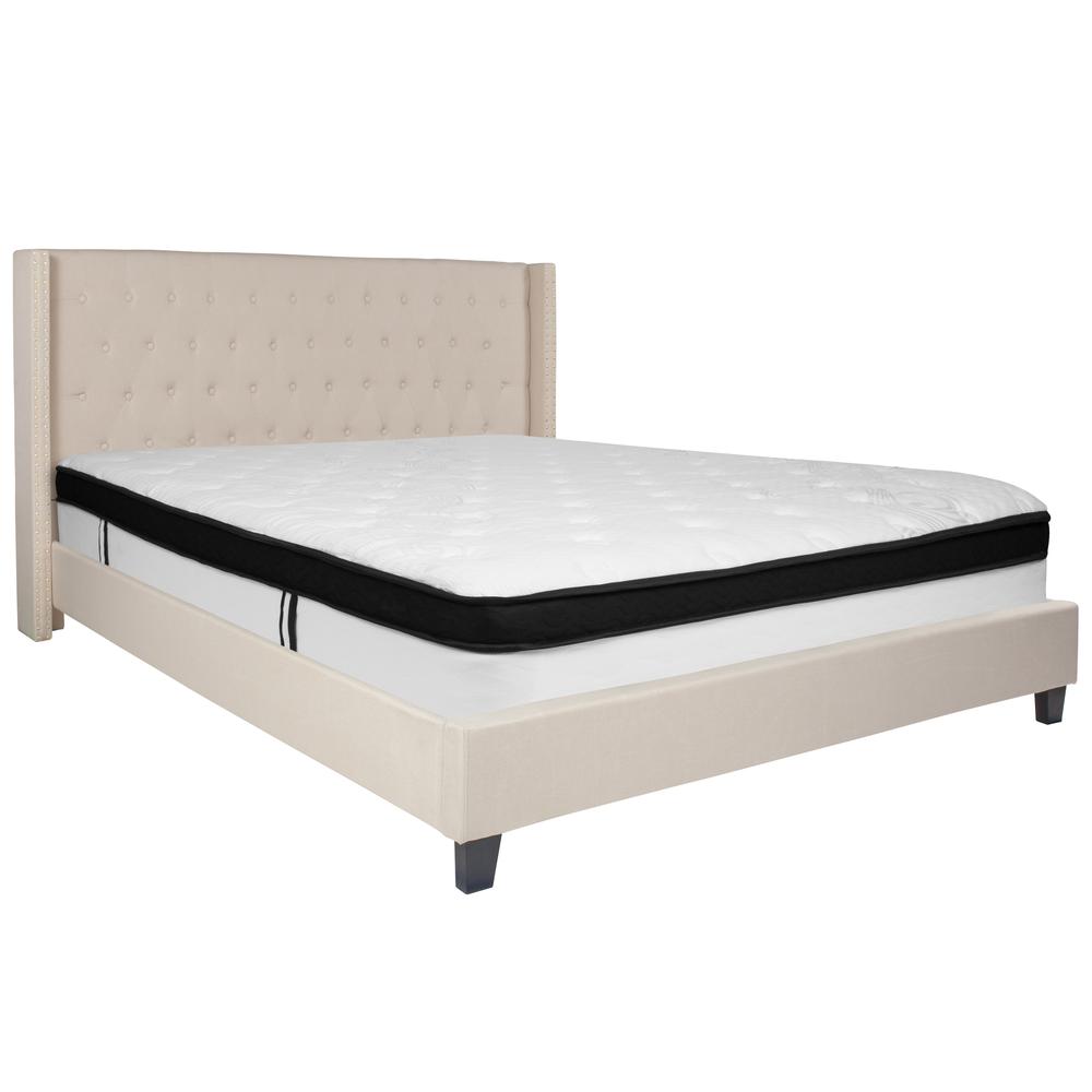 Riverdale King Size Tufted Upholstered Platform Bed in Beige Fabric with Memory Foam Mattress. Picture 2