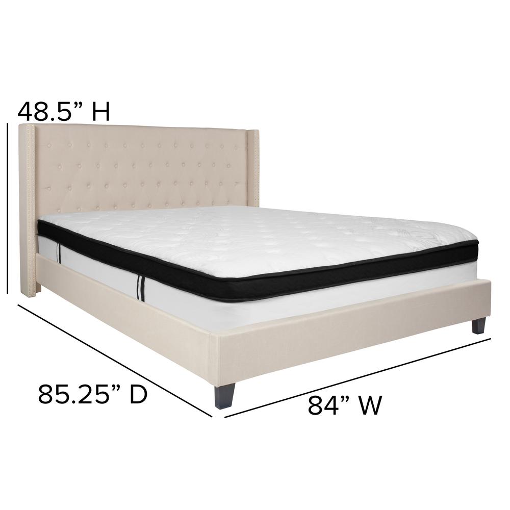 King Size Tufted Upholstered Platform Bed with Accent Nail Trimmed Extended Sides in Beige Fabric with Mattress. Picture 2
