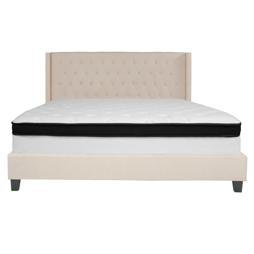 Riverdale King Size Tufted Upholstered Platform Bed in Beige Fabric with Memory Foam Mattress. Picture 3