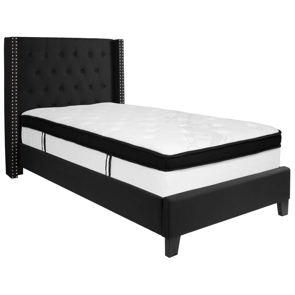 Twin Size Tufted Upholstered Platform Bed with Accent Nail Trimmed Extended Sides in Black Fabric with Mattress. Picture 1