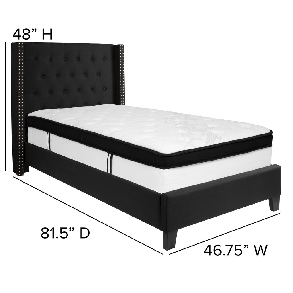 Twin Size Tufted Upholstered Platform Bed with Accent Nail Trimmed Extended Sides in Black Fabric with Mattress. Picture 2