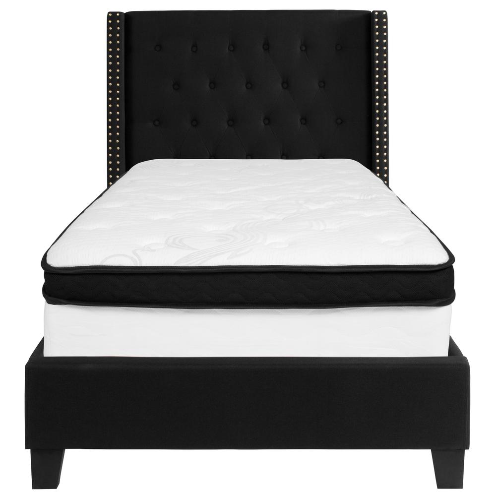 Twin Size Tufted Upholstered Platform Bed with Accent Nail Trimmed Extended Sides in Black Fabric with Mattress. Picture 3