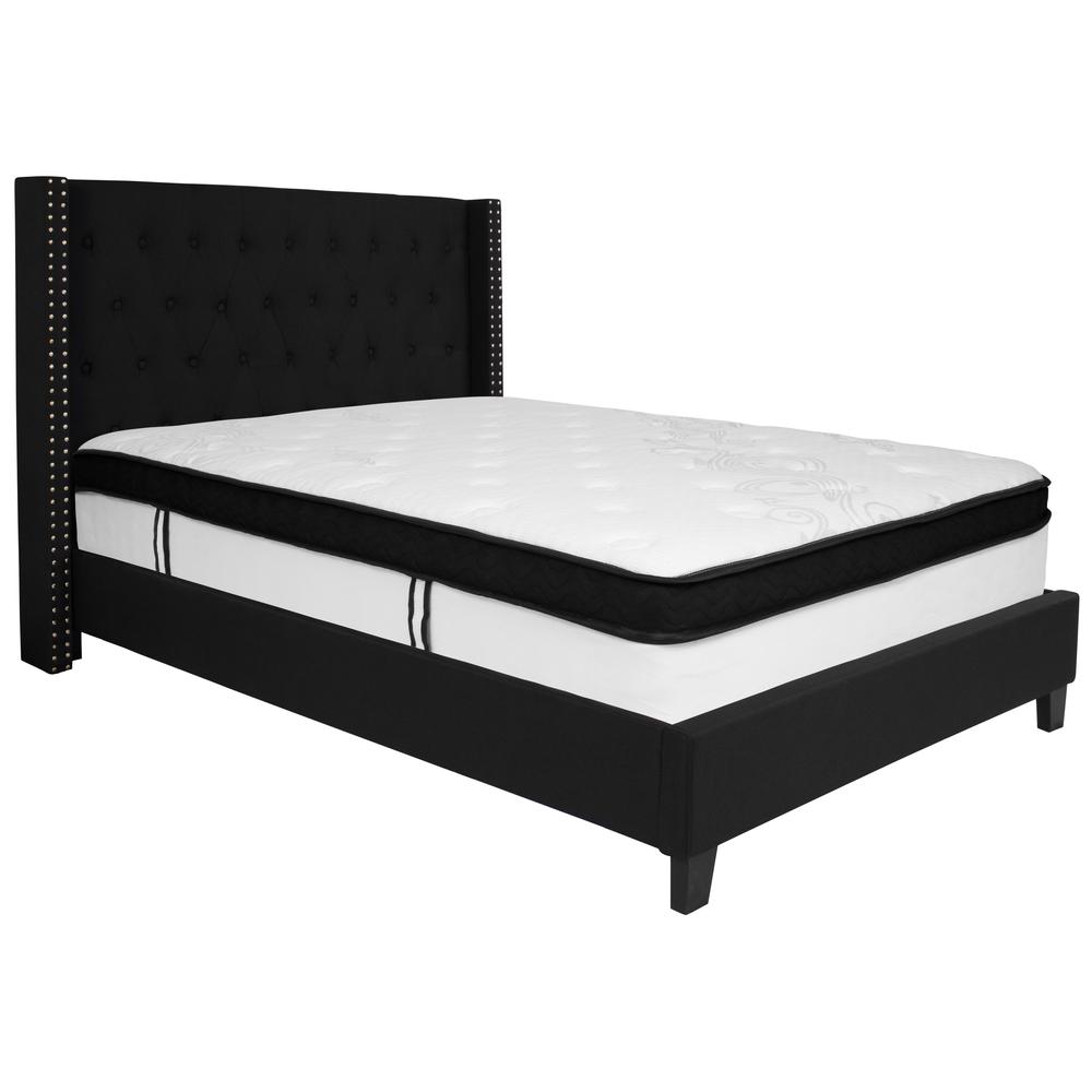 Full Size Tufted Upholstered Platform Bed with Accent Nail Trimmed Extended Sides in Black Fabric with Mattress. Picture 1