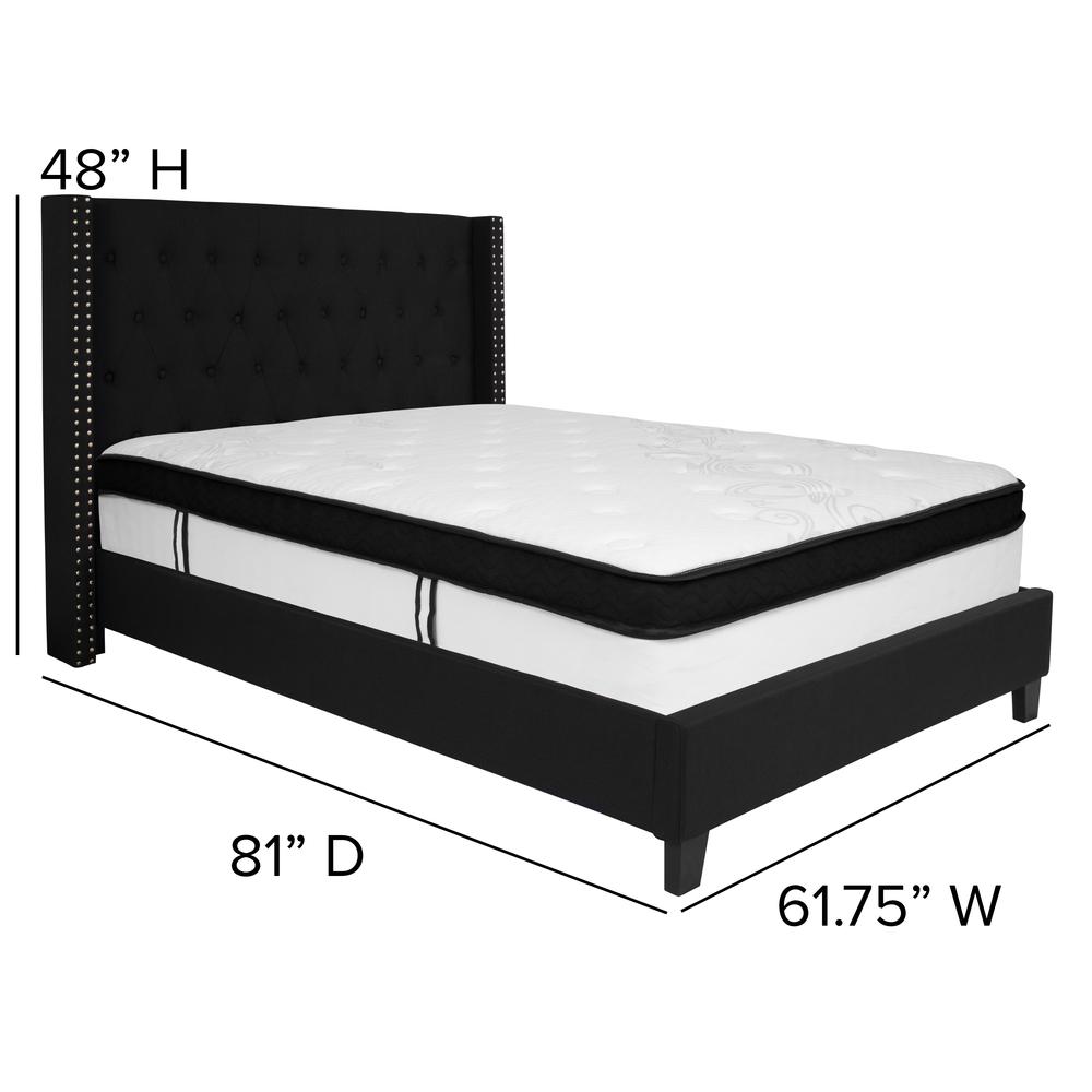 Full Size Tufted Upholstered Platform Bed with Accent Nail Trimmed Extended Sides in Black Fabric with Mattress. Picture 2