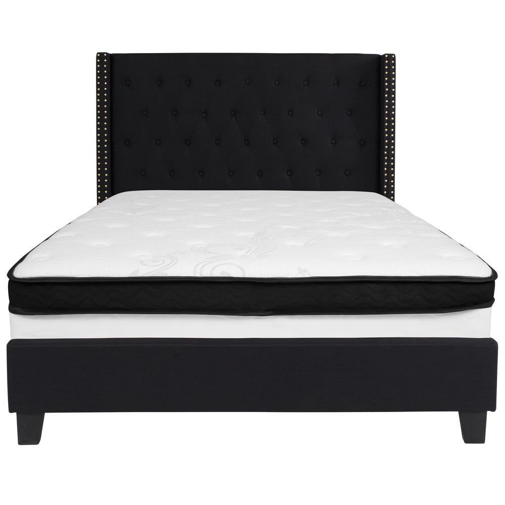 Full Size Tufted Upholstered Platform Bed with Accent Nail Trimmed Extended Sides in Black Fabric with Mattress. Picture 3