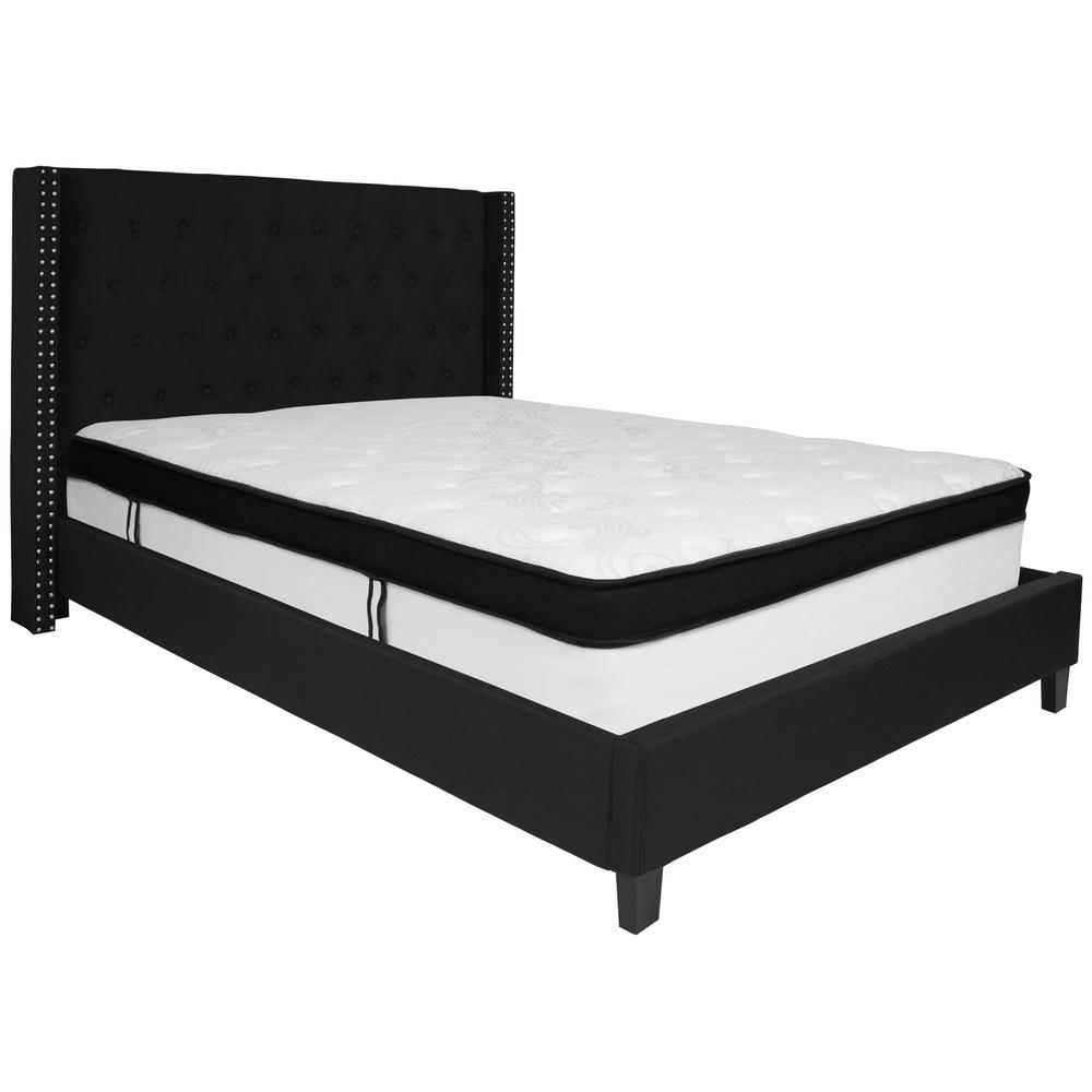 Queen Size Tufted Upholstered Platform Bed with Accent Nail Trimmed Extended Sides in Black Fabric with Mattress. Picture 1