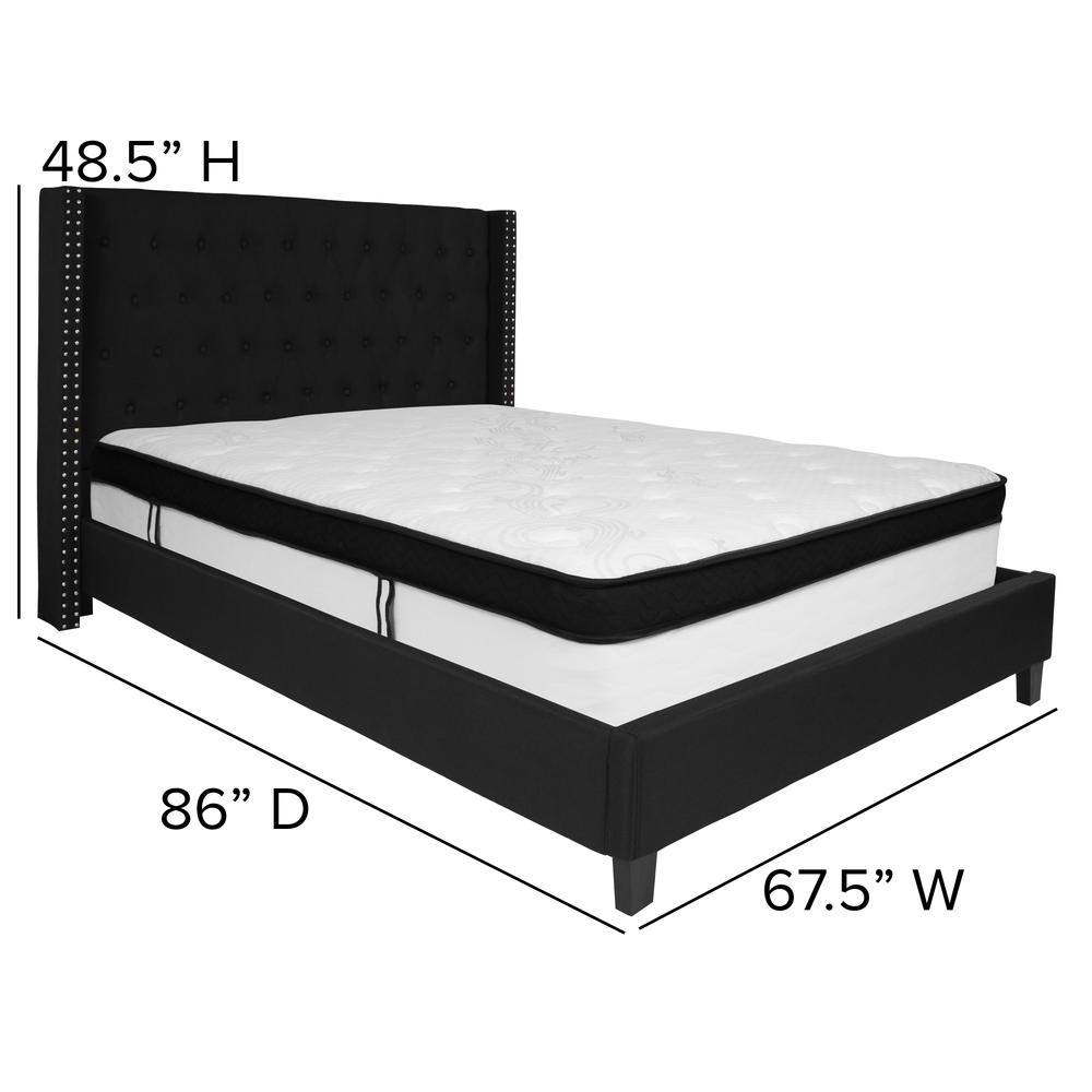 Queen Size Tufted Upholstered Platform Bed with Accent Nail Trimmed Extended Sides in Black Fabric with Mattress. Picture 2