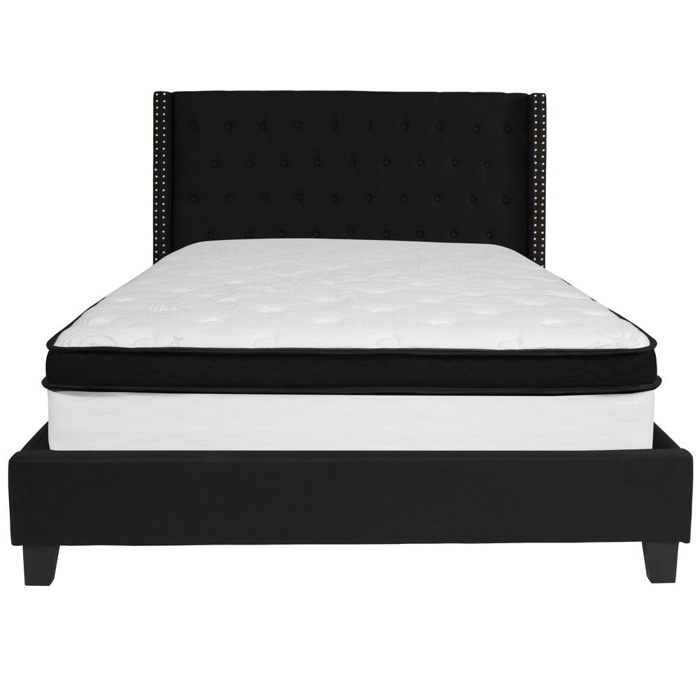 Queen Size Tufted Upholstered Platform Bed with Accent Nail Trimmed Extended Sides in Black Fabric with Mattress. Picture 3