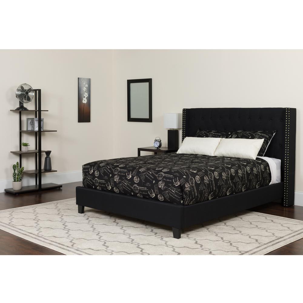 Queen Size Platform Bed in Black Fabric with Memory Foam Mattress. Picture 1
