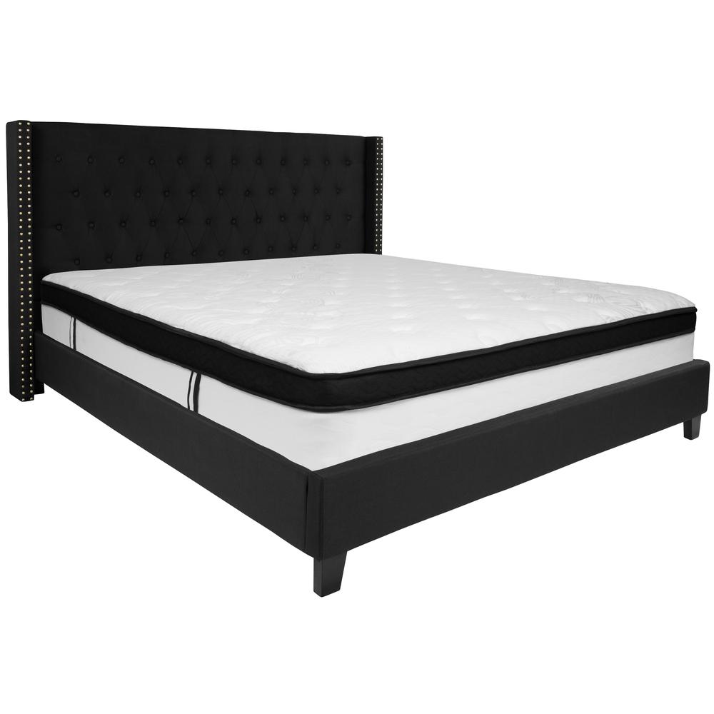 King Size Tufted Upholstered Platform Bed with Accent Nail Trimmed Extended Sides in Black Fabric with Mattress. Picture 1