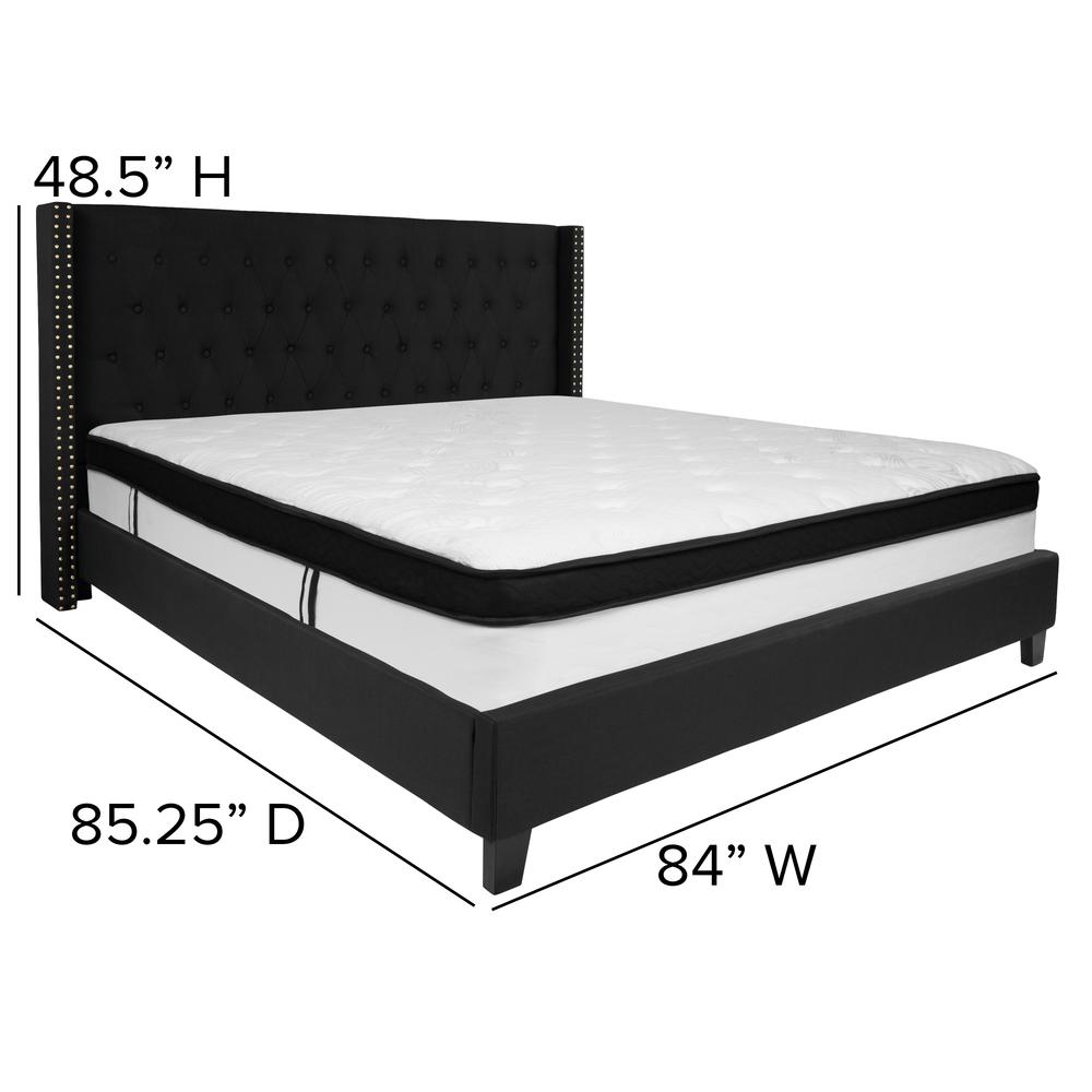 King Size Tufted Upholstered Platform Bed with Accent Nail Trimmed Extended Sides in Black Fabric with Mattress. Picture 2