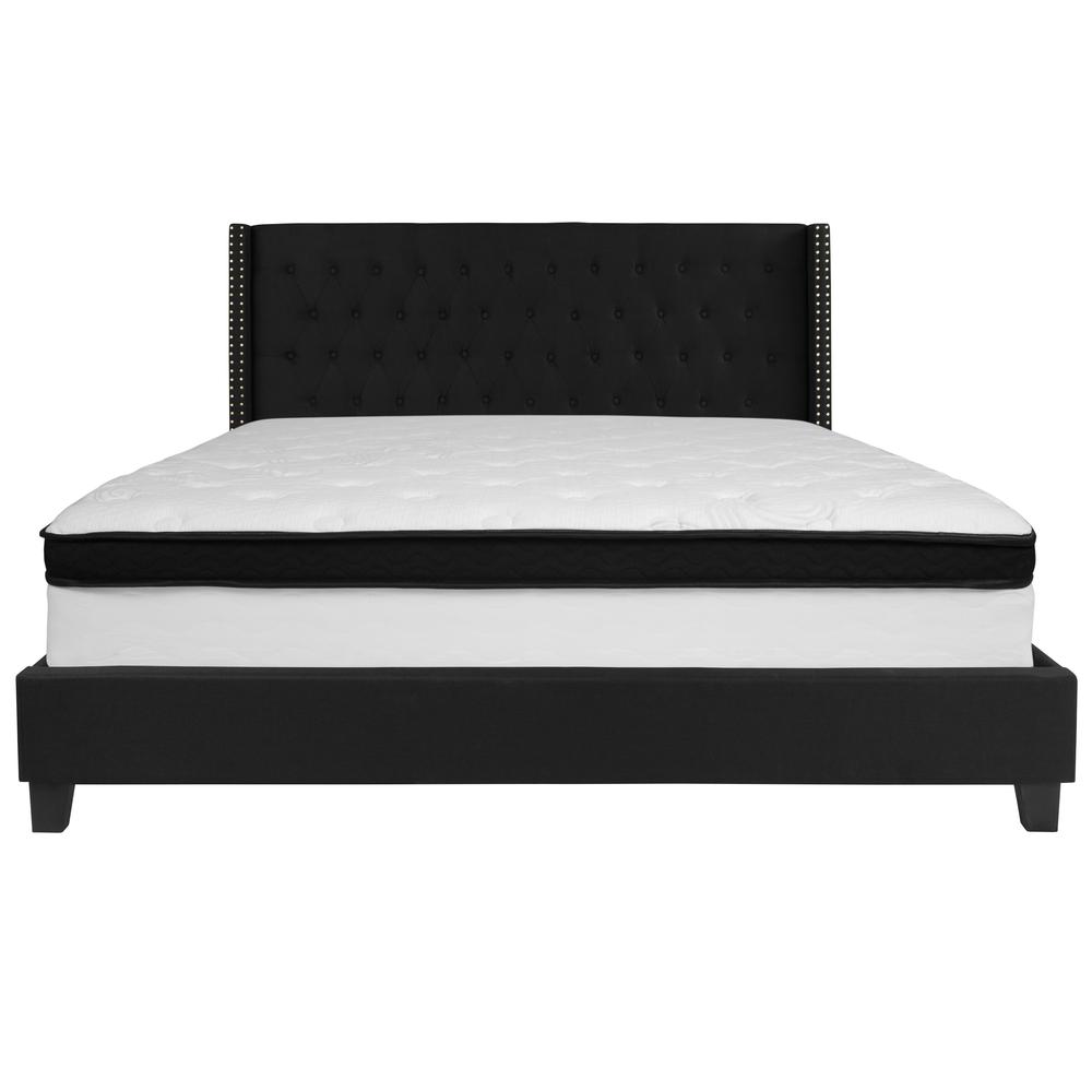 King Size Tufted Upholstered Platform Bed with Accent Nail Trimmed Extended Sides in Black Fabric with Mattress. Picture 3