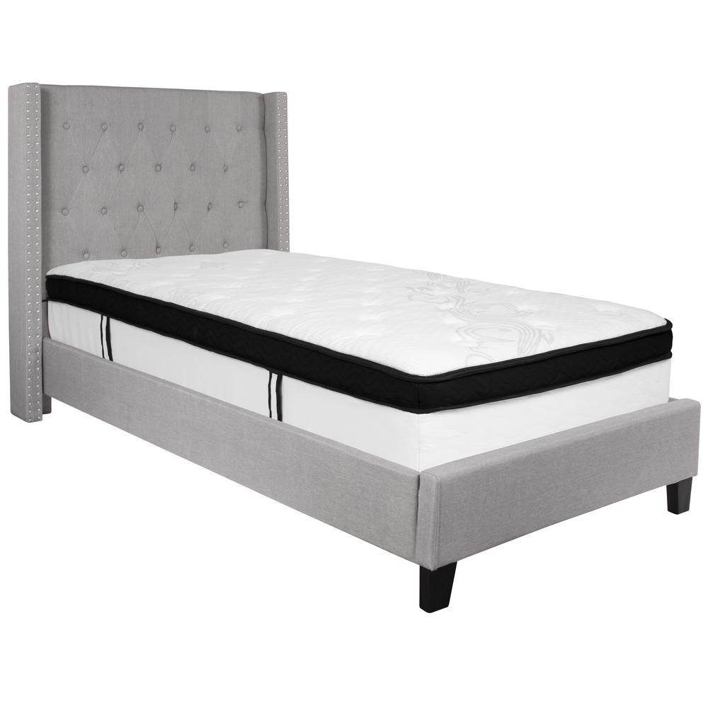 Twin Size Tufted Upholstered Platform Bed with Accent Nail Trimmed Extended Sides in Light Gray Fabric with Mattress. Picture 1