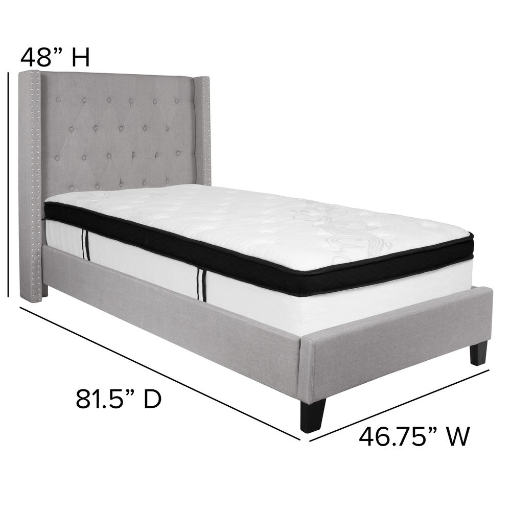 Twin Size Tufted Upholstered Platform Bed with Accent Nail Trimmed Extended Sides in Light Gray Fabric with Mattress. Picture 2