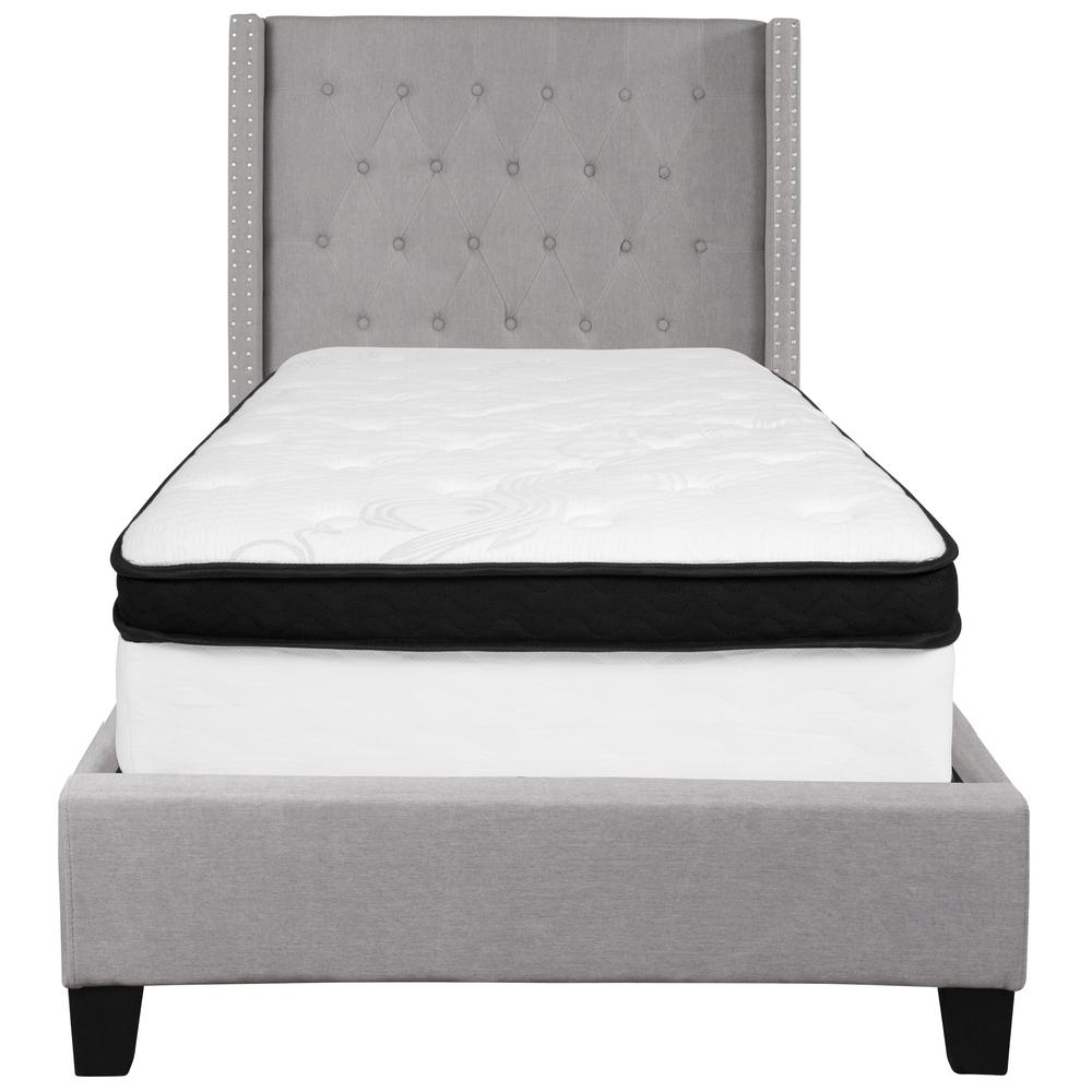Twin Size Tufted Upholstered Platform Bed with Accent Nail Trimmed Extended Sides in Light Gray Fabric with Mattress. Picture 3