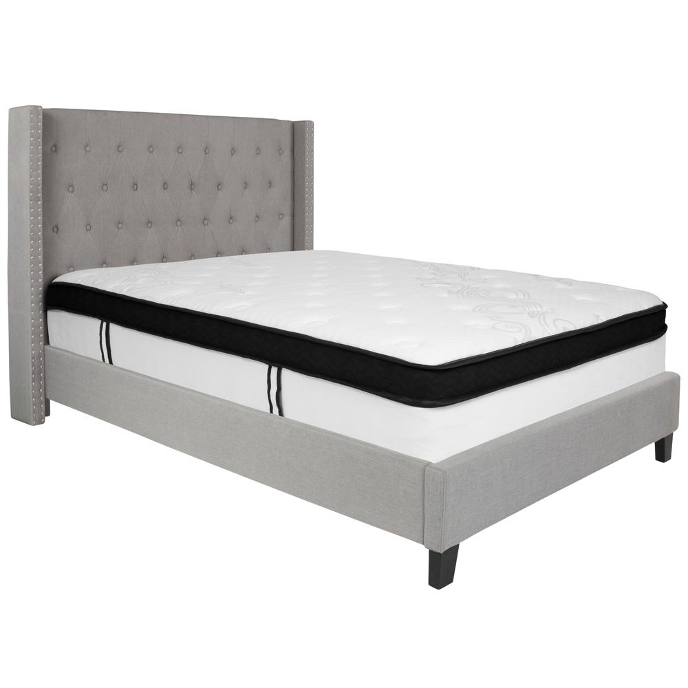 Full Size Tufted Upholstered Platform Bed with Accent Nail Trimmed Extended Sides in Light Gray Fabric with Mattress. Picture 1