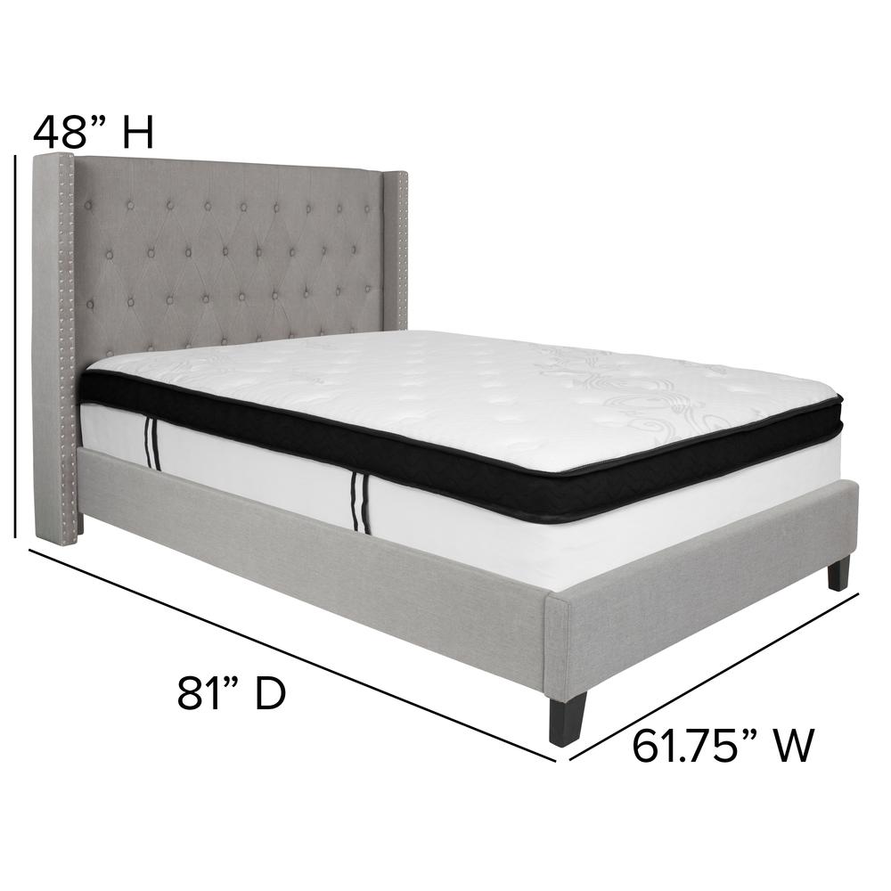 Full Size Tufted Upholstered Platform Bed with Accent Nail Trimmed Extended Sides in Light Gray Fabric with Mattress. Picture 2