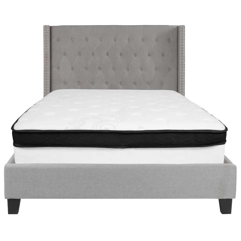 Full Size Tufted Upholstered Platform Bed with Accent Nail Trimmed Extended Sides in Light Gray Fabric with Mattress. Picture 3